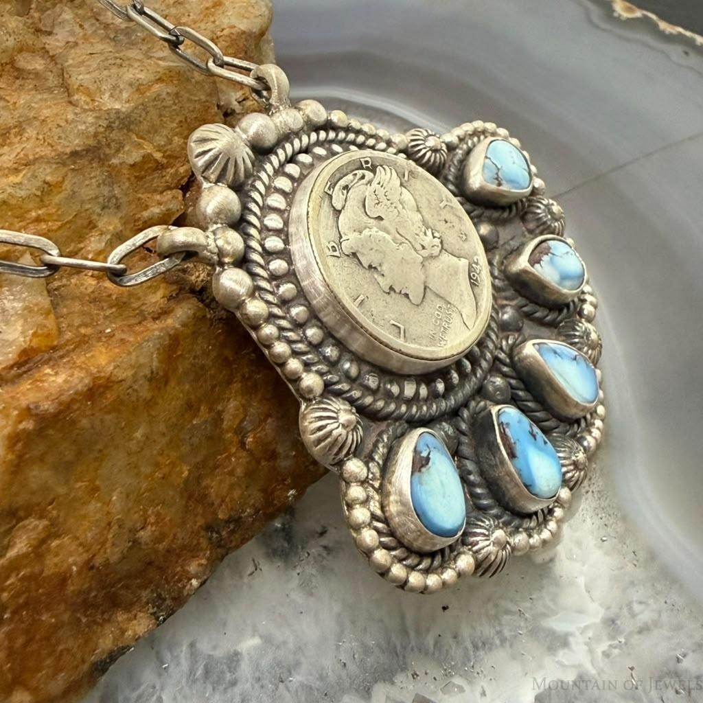 Sterling Silver Southwestern Style 1942 Mercury Dime & Golden Hill Turquoise Necklace For Women