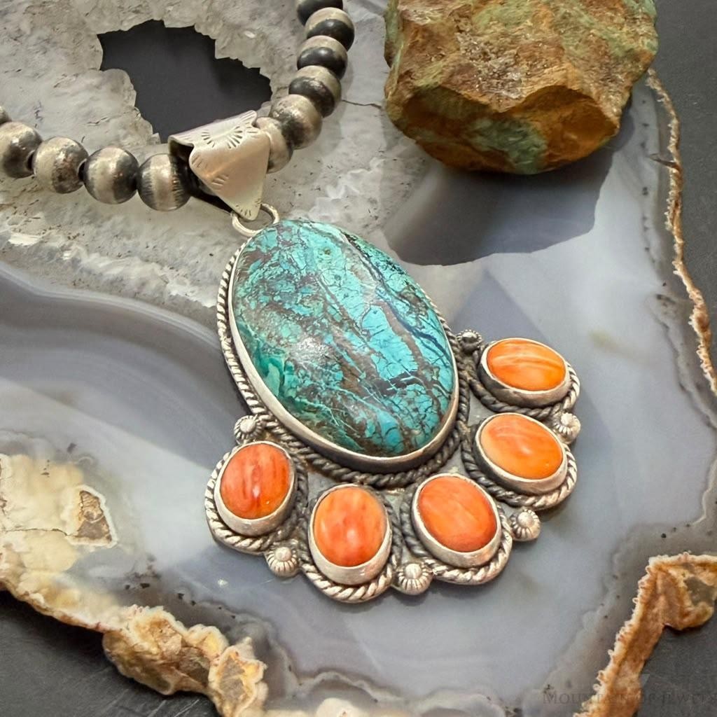Sterling Silver Southwestern Style Azurite Malachite & Spiny Oyster Decorated Pendant
