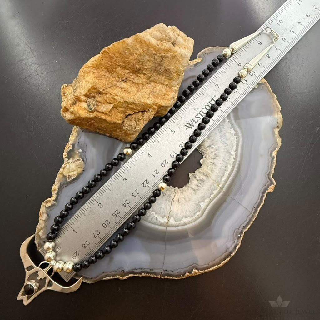 Frank Chavez Sterling Silver Native American Long Horn on Onyx 21" Necklace For Women