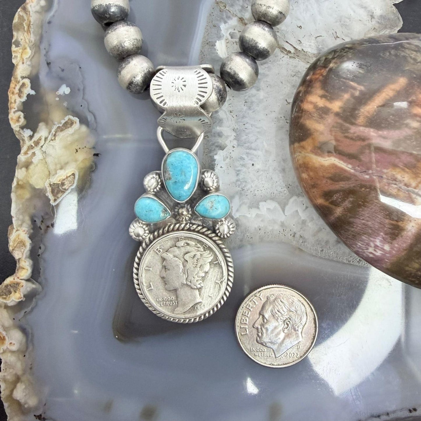 Genuine 1941 90% Silver Mercury Dime Coin Mohave Turquoise Unisex Pendant