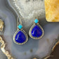 Native American Sterling Silver Teardrop Lapis & Turquoise Dangle Earrings For Women
