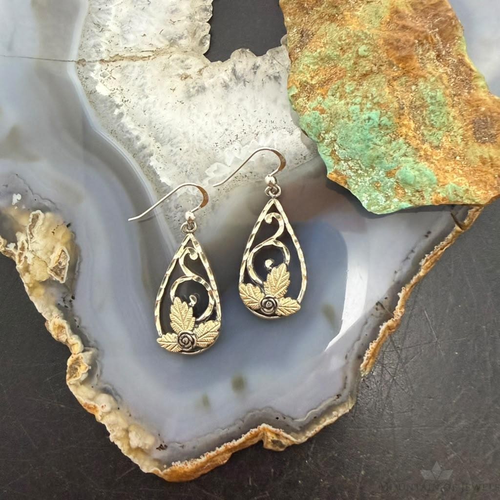 Vintage Sterling Silver Teardrop Swirl, Rose & Leaf Fashion Dangle Earrings For Women