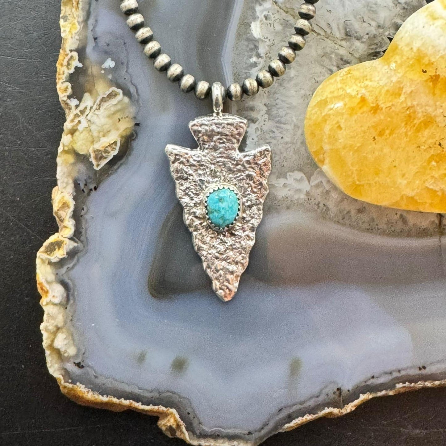 Gary Custer Native American Navajo Sterling Silver Tufa Cast Turquoise Arrowhead Unisex Pendant #4