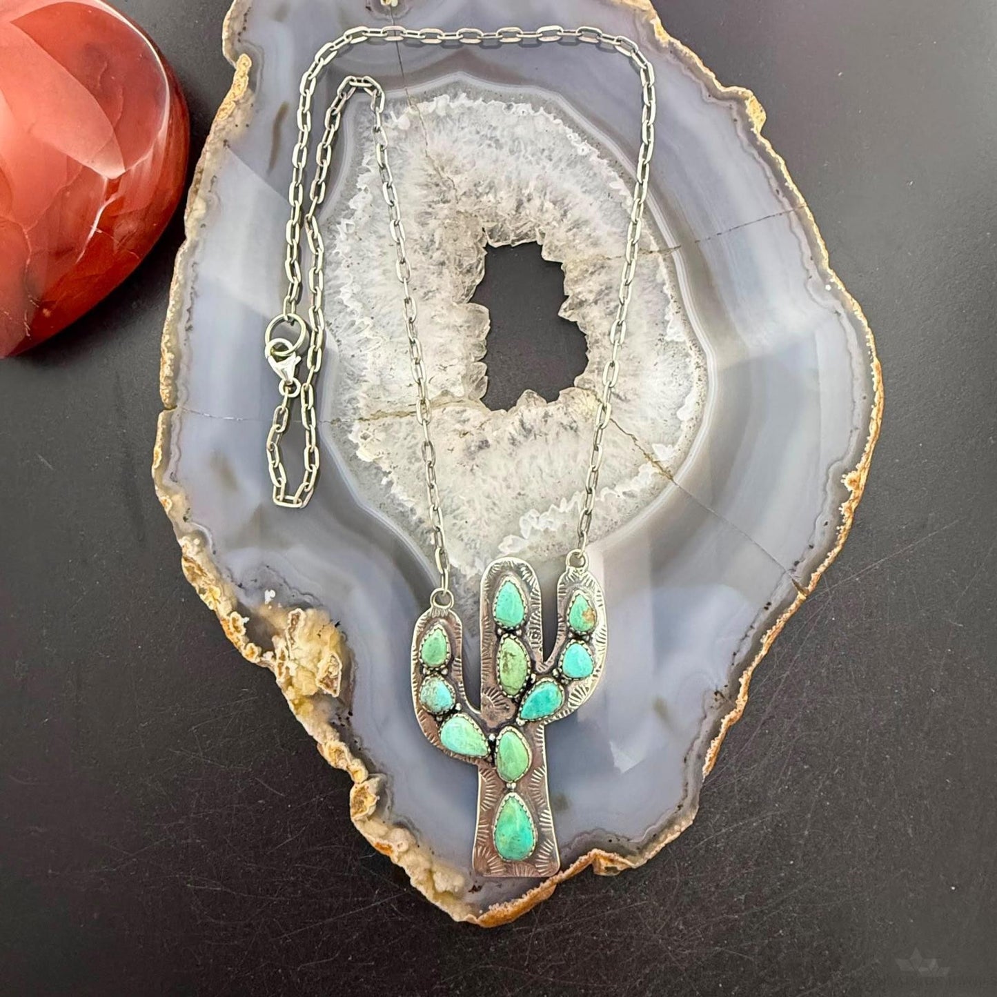 Sterling Southwestern Style Kingman Turquoise Cactus Pendant 22.5" Necklace