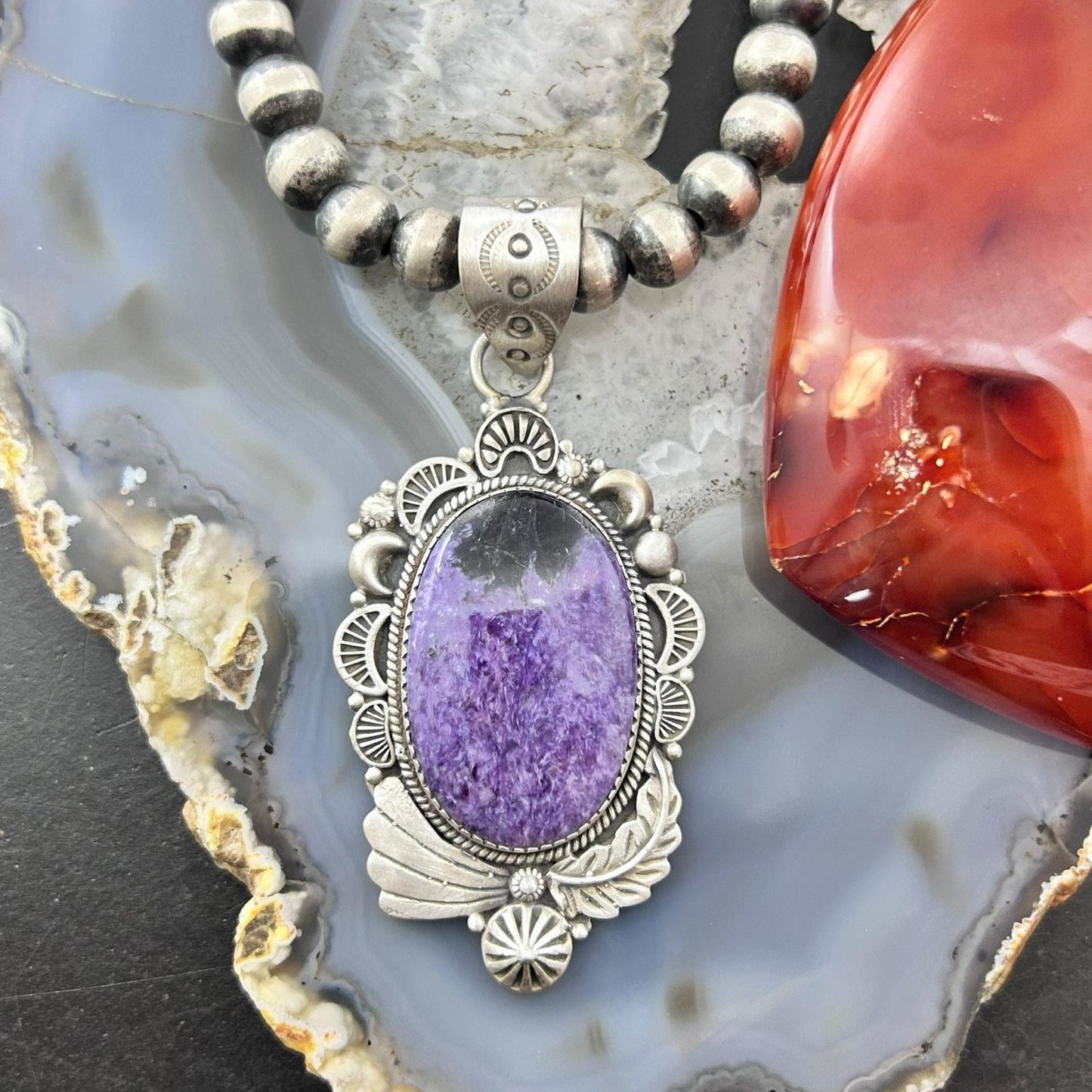 Sterling Silver Southwestern Style Oval Charoite Decorated Pendant For Women