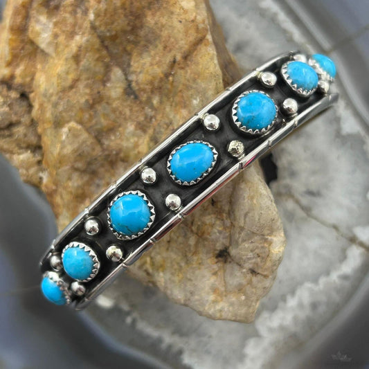 Reed Charley Native Americn Sterling Silver Turquoise Decorated Row Bracelet For Women