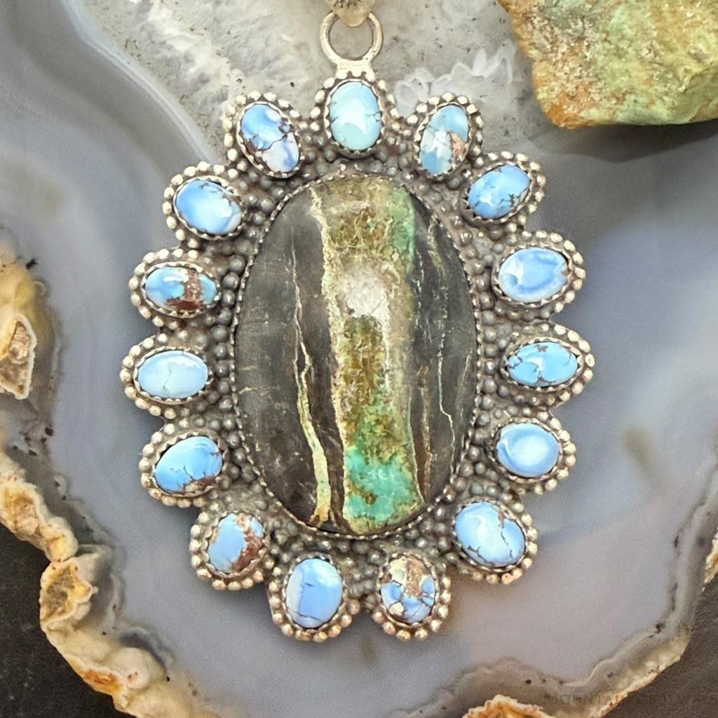 Sterling Silver Southwestern Style Blackjack &Golden Hill Turquoise Cluster Pendant For Women