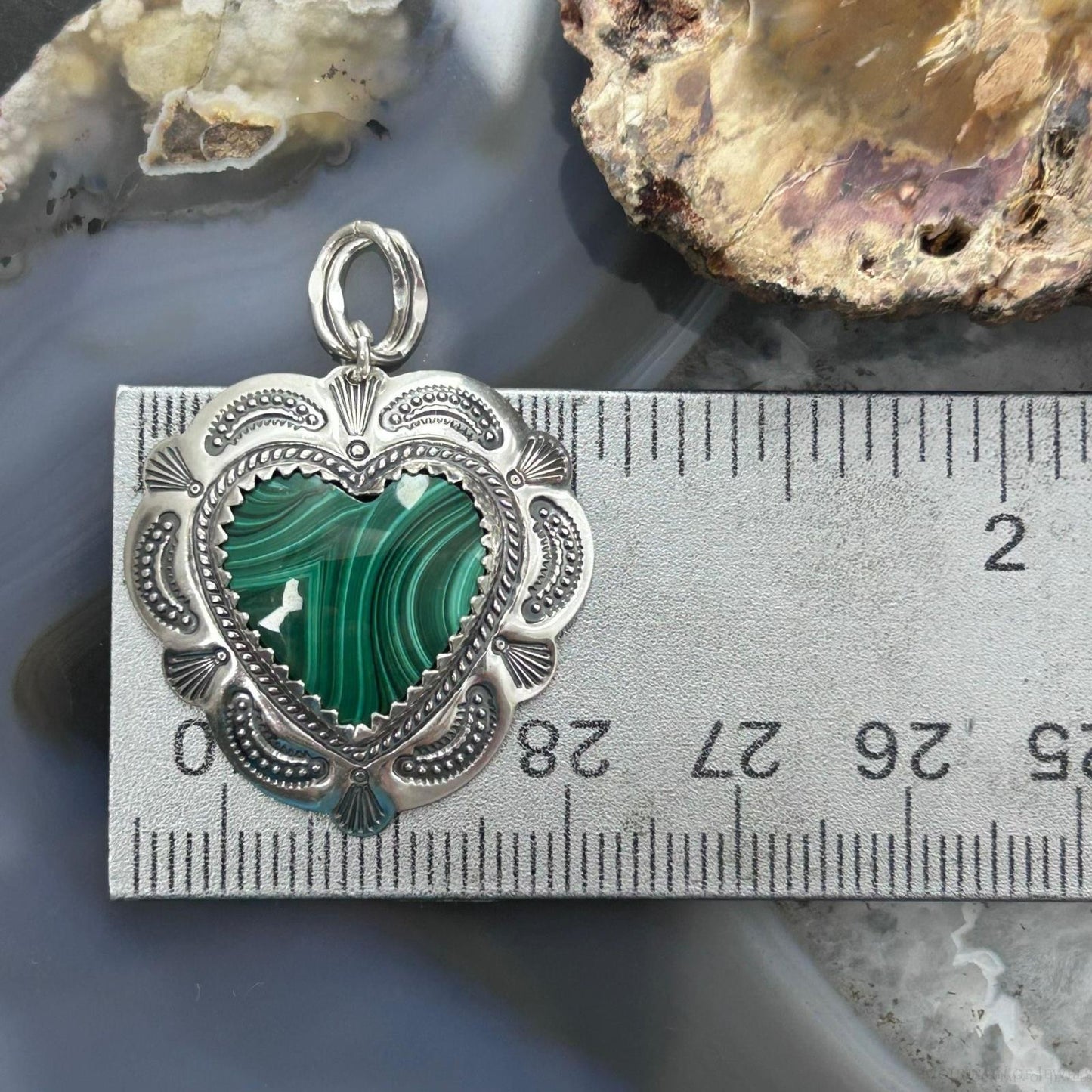 QT Quoc Sterling Silver Southwestern Style Malachite Heart Pendant For Women