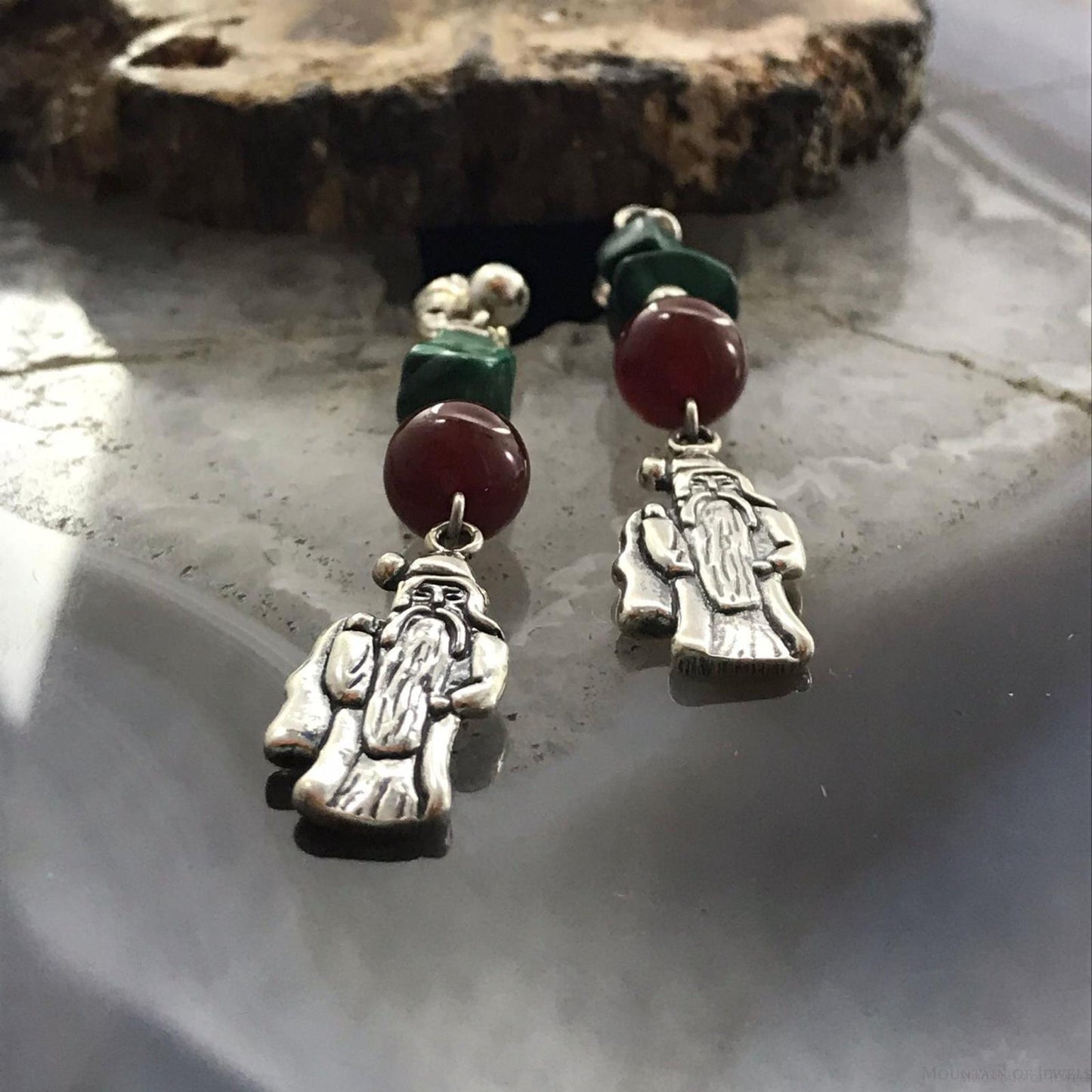 Carolyn Pollack Sterling Silver Malachite & Carnelian Father Christmas Dangle Earrings For Women