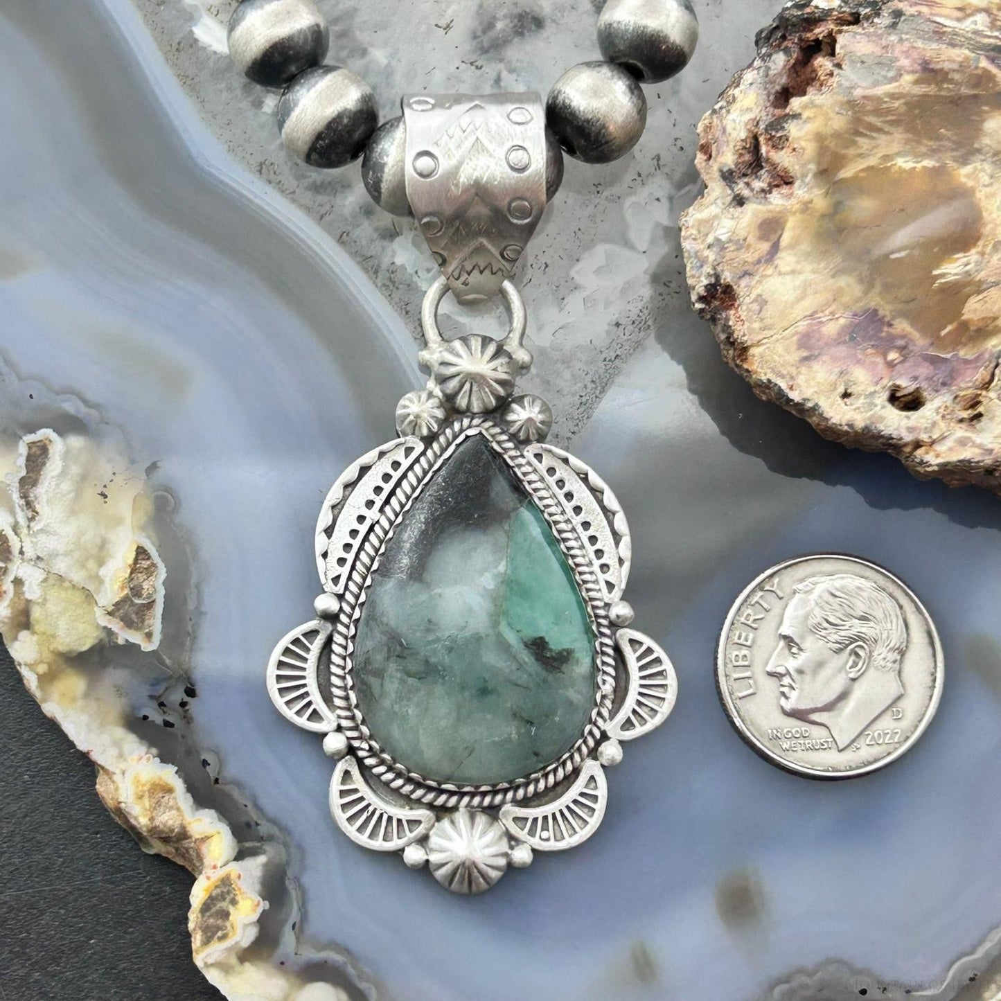 Sterling Silver Southwestern Style Teardrop Emerald Decorated Pendant For Women