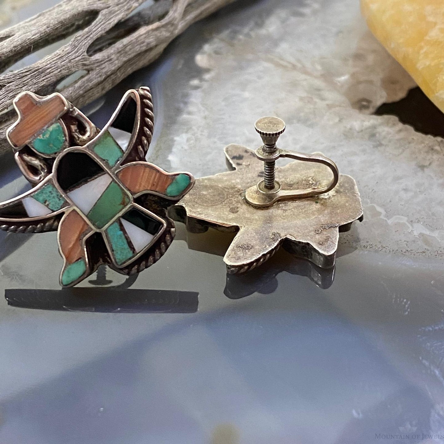 Vintage Native American Silver Zuni Inlay Dancer Screw Back Earrings For Women