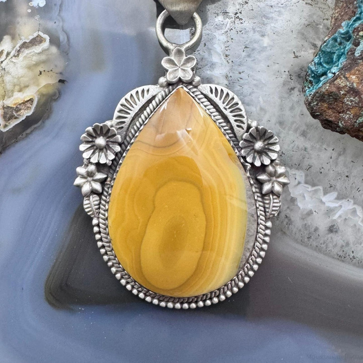 Sterling Silver Southwestern Style Teardrop Banded Agate Decorated Pendant For Women