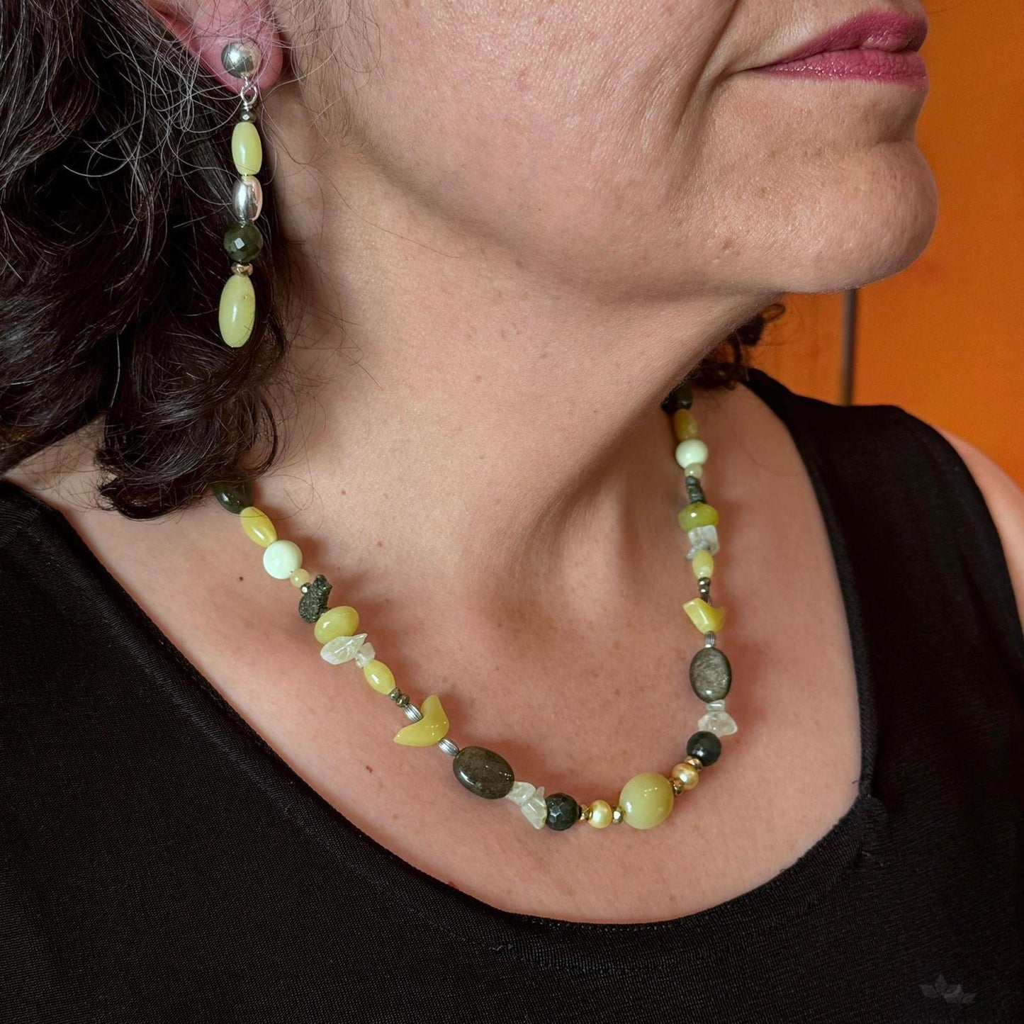 Carolyn Pollack Sterling Silver Serpentine/Prehnite Bead Necklace 21"-24" & Dangle Earrings Set