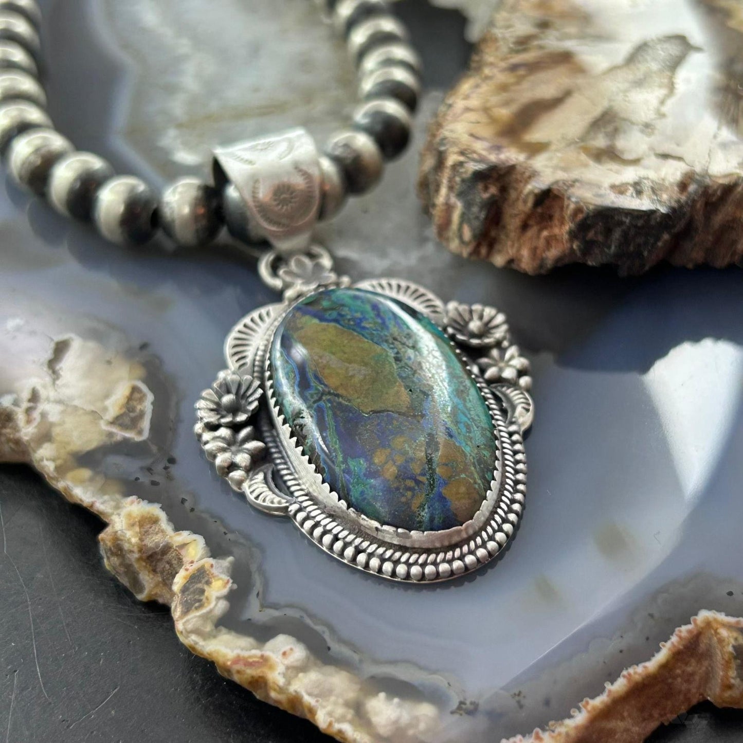 Sterling Silver Southwestern Style Oval Chrysocolla Decorated Pendant For Women
