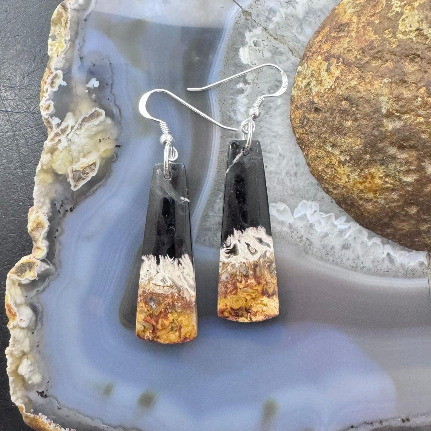 Sterling Silver Elongated Trapeze Plum Root Jasper Slab Dangle Earrings For Women #222