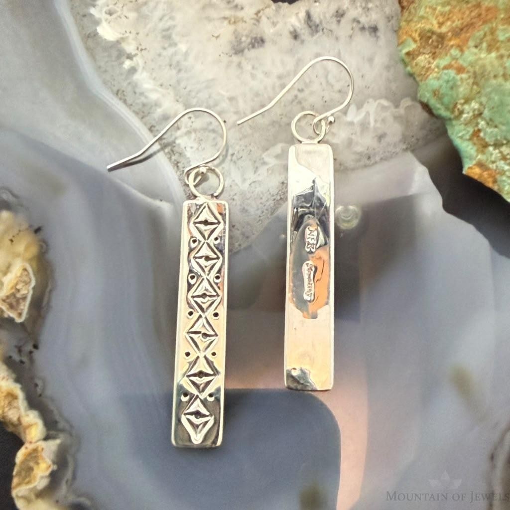 Michael Nez Native American Sterling Stamped Rectangle Dangle Earrings For Women