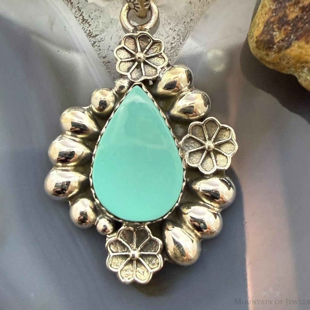 Sterling Silver Southwestern Style Teardrop Turquoise Decorated Pendant For Women