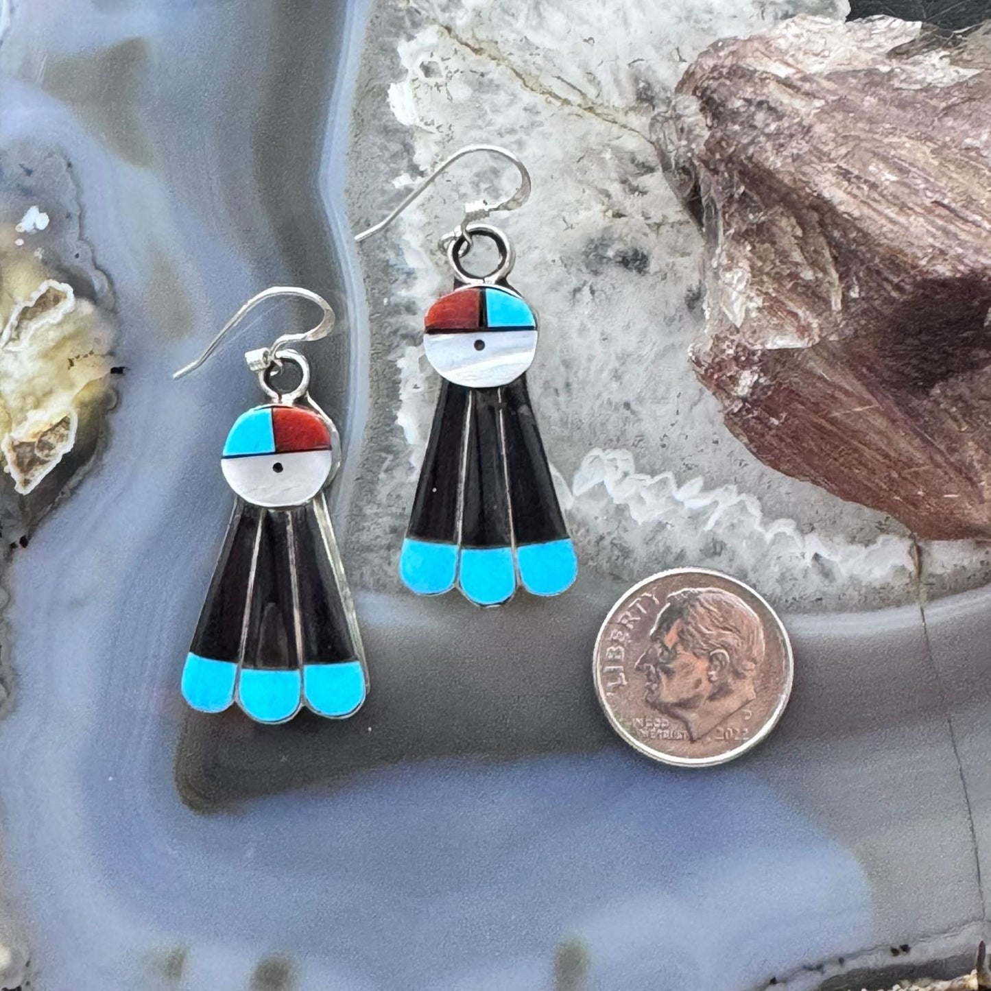 Clayton Vacit Zuni Silver Multistone Inlay Sunface Dangle Earrings For Women