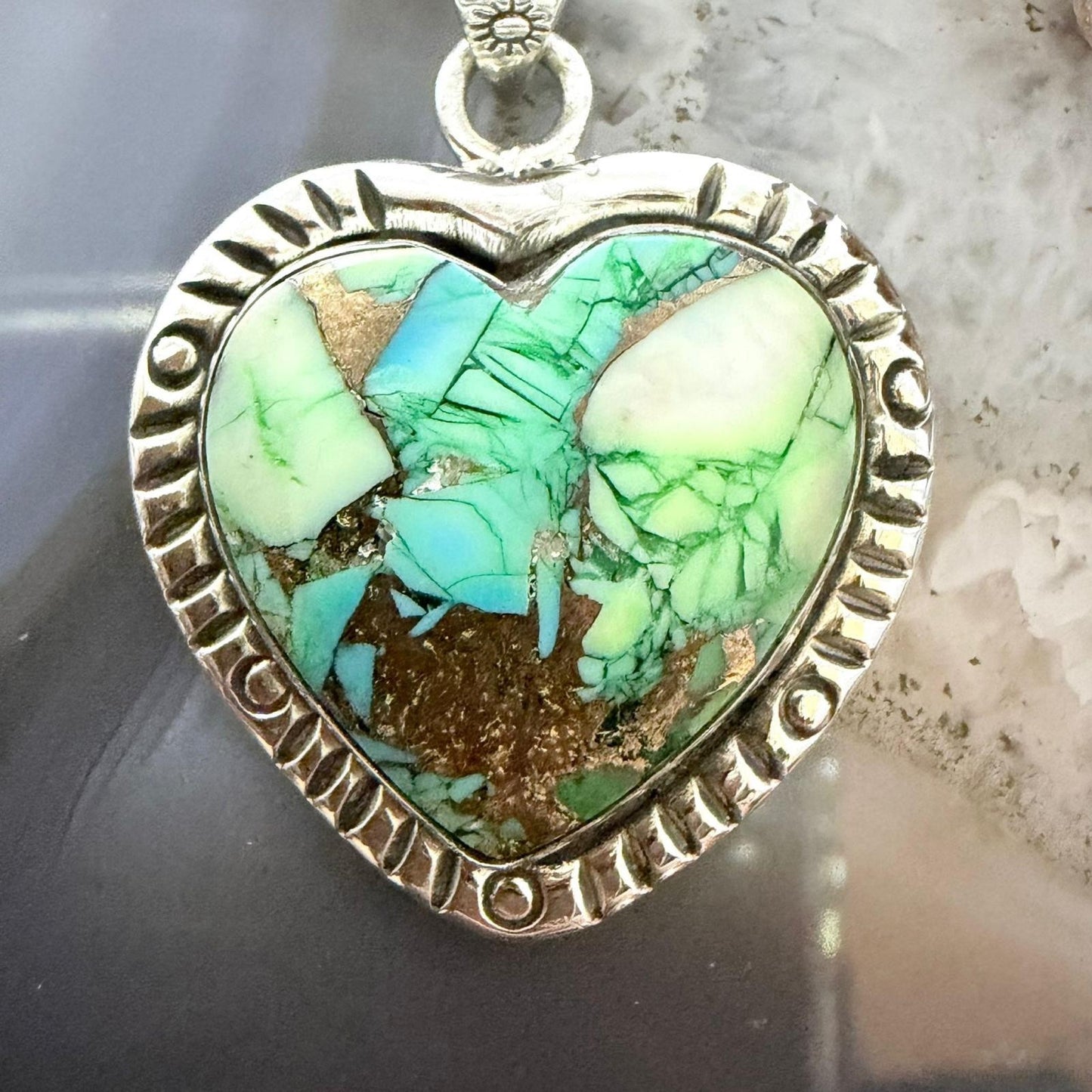 Sterling Silver Southwestern Style Green Turquoise Dahlia Heart Pendant For Women