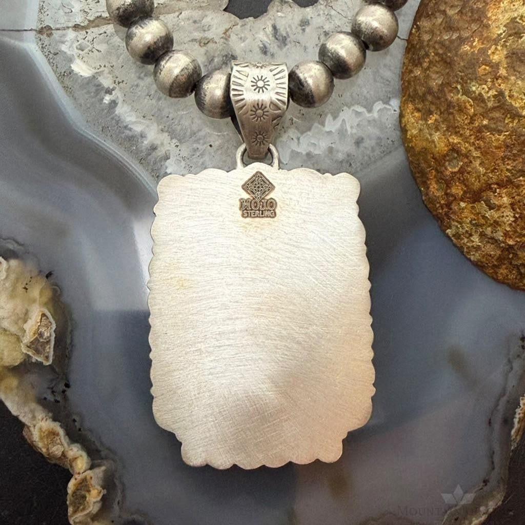 Sterling Silver Southwestern Style Rectangle Blackjack Turquoise Decorated Pendant #3