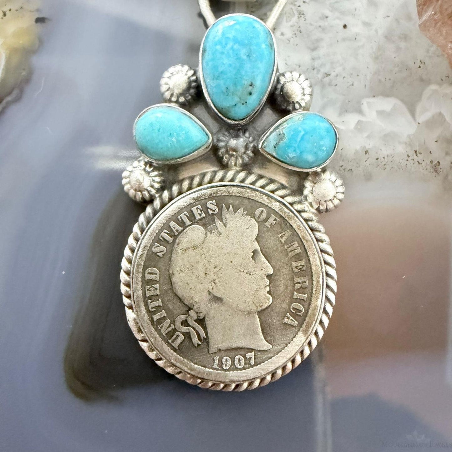 Genuine 1907 90% Silver Barber Head Dime Coin Mohave Turquoise Unisex Pendant