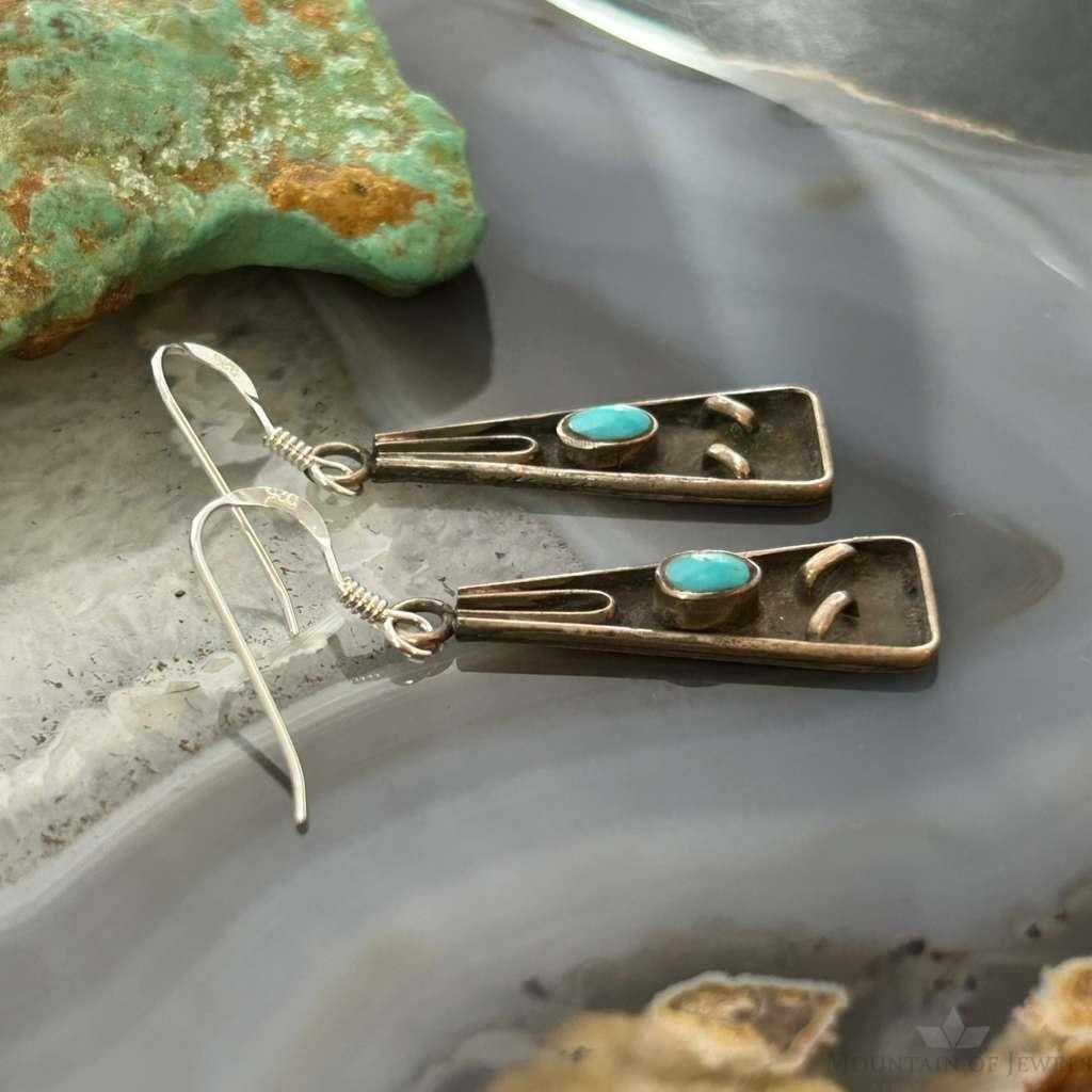 Vintage Silver Native American Turquoise Triangle Dangle Earrings For Women