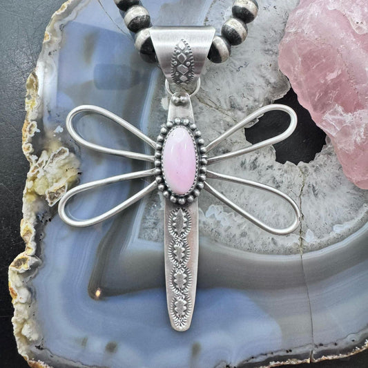 Delbert Secatero Sterling Silver Oval Pink Conch Dragonfly Pendant For Women