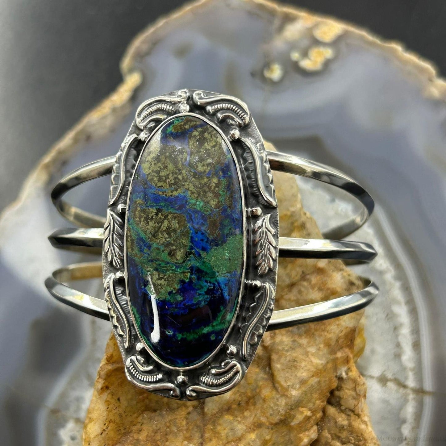 Sterling Silver Southwestern Style Large Oval Azurite Malachite Bracelet For Women