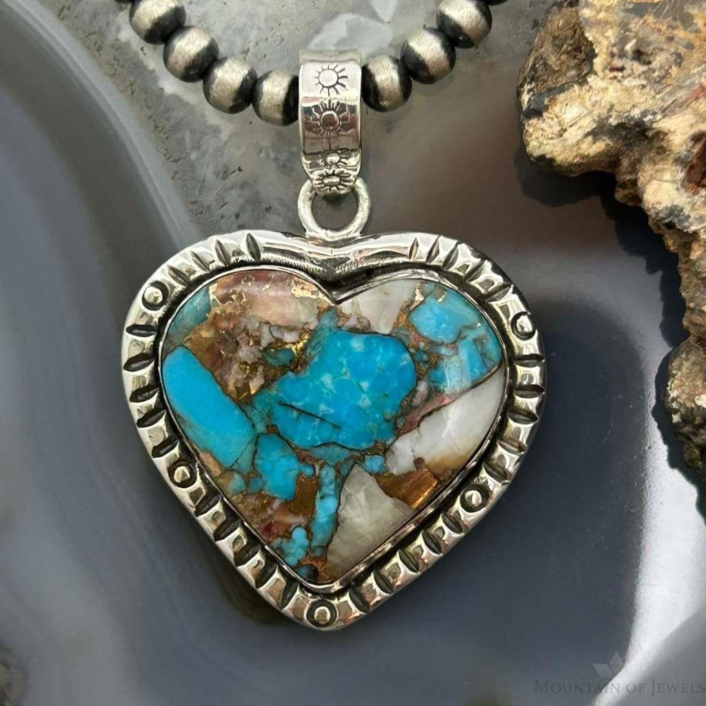 Sterling Southwestern Style Turquoise Spiny Oyster Heart Pendant For Women #1