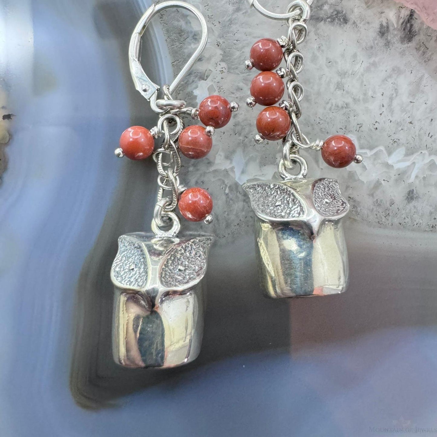 Andrew Rodriguez Sterling Silver Owl With 4 Tiny Red Jasper Beads Dangle Earrings For Women