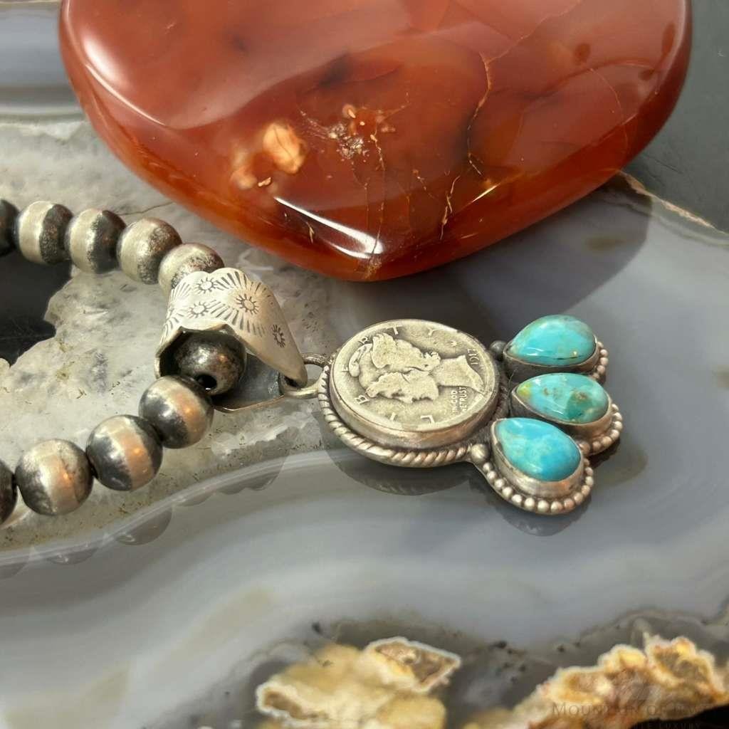 Genuine 1917 90% Silver Mercury Dime Coin w/Teardrop Turquoise Decorated Unisex Pendant