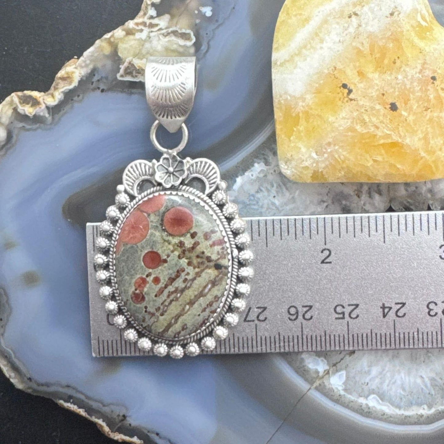 Sterling Silver Southwestern Style Oval Peanut Obsidian Decorated Pendant For Women