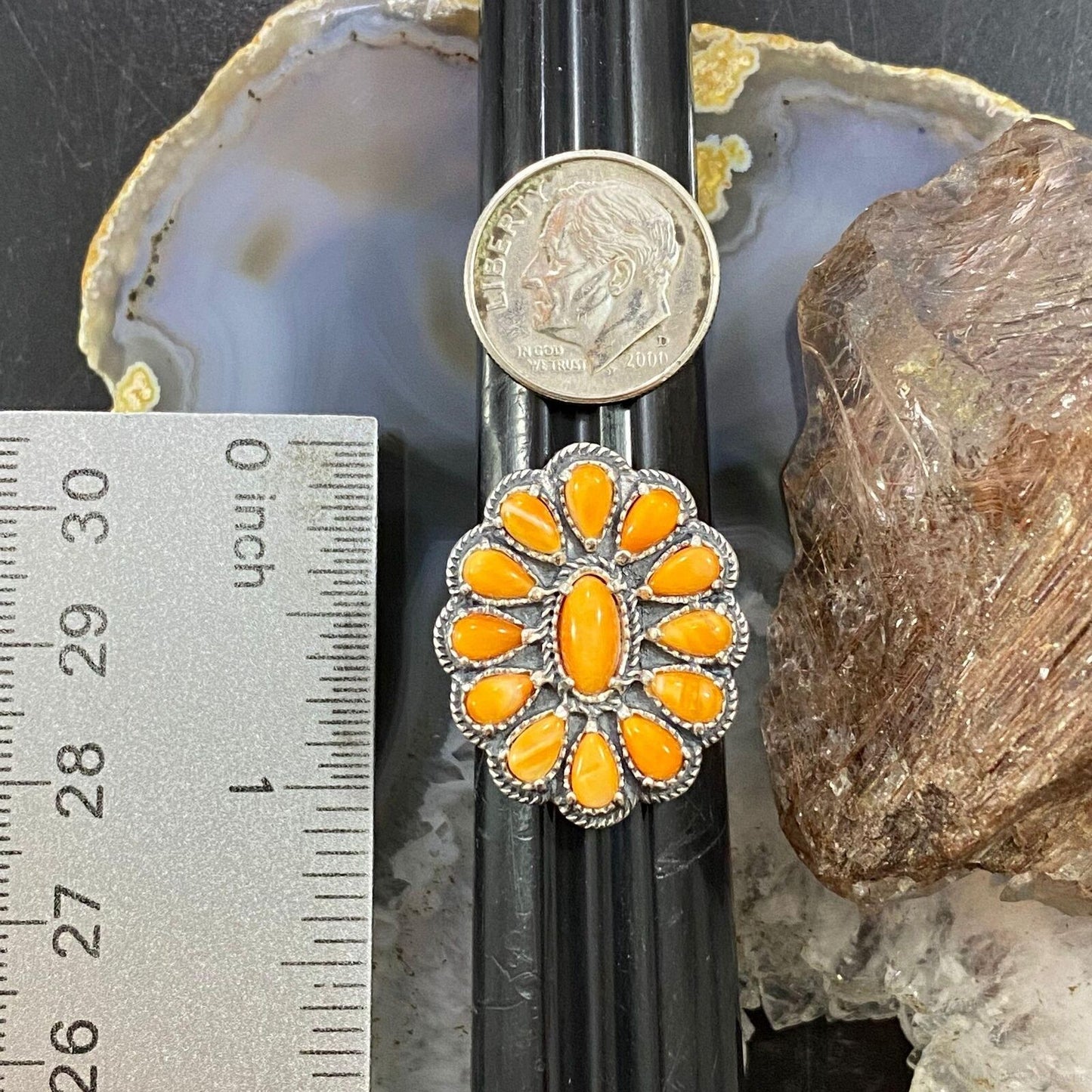 Carolyn Pollack Southwestern Style Sterling Silver Orange Spiny Oyster Decorated Cluster Ring For Women