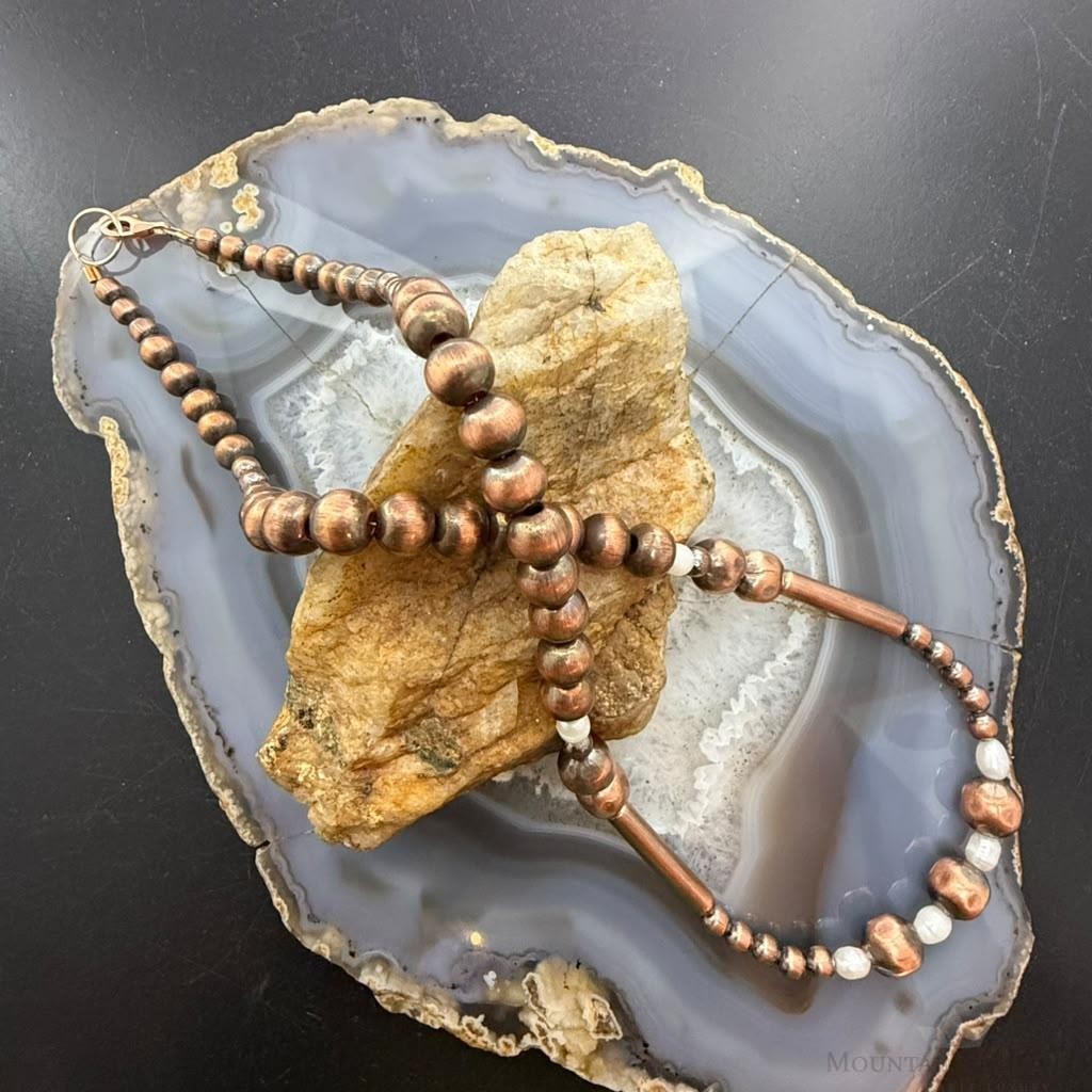 Southwestern Style 4.5-9mm Copper Navajo Pearl & Cylinder w/Freshwater Pearl 20" Necklace For Women