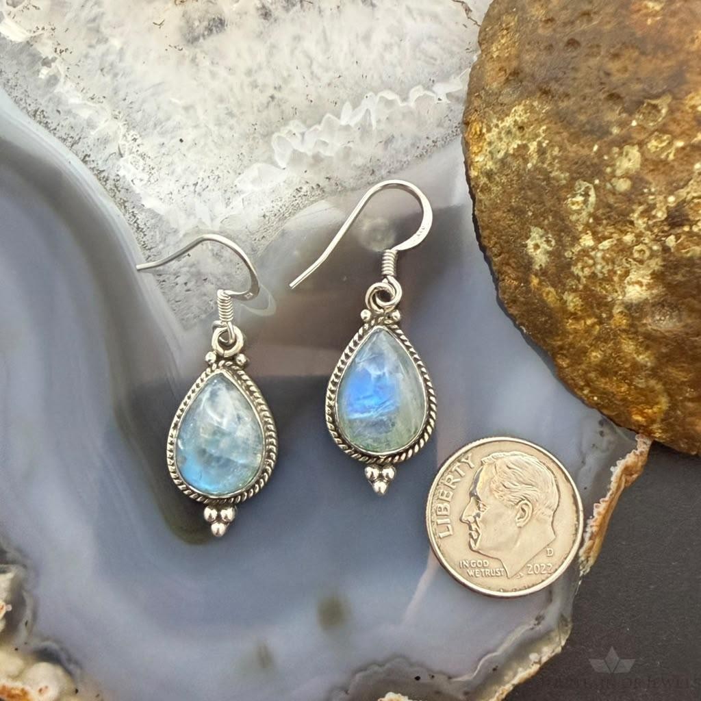Sterling Silver Southwestern Style Teardrop Moonstone Decrated Dangle Earrings For Women