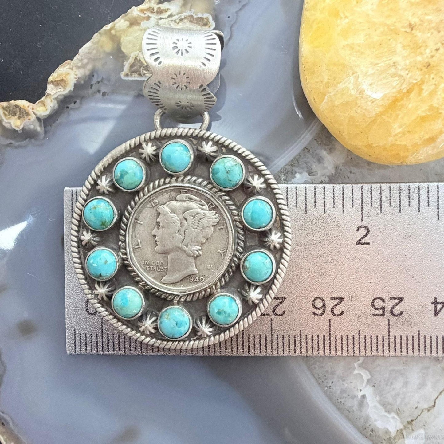 Genuine 1940 90% Silver Mercury Dime Coin w/Mohave Turquoise Unisex Pendant
