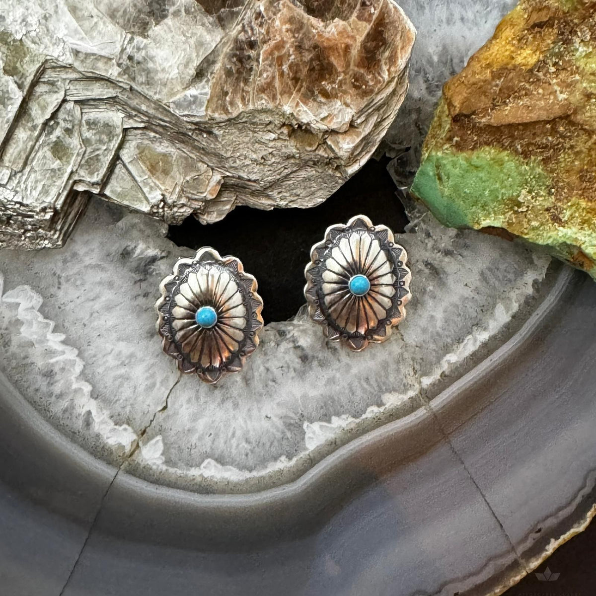 Native American Sterling Silver Turquoise Dot Oval Concho Stud Earrings For Women