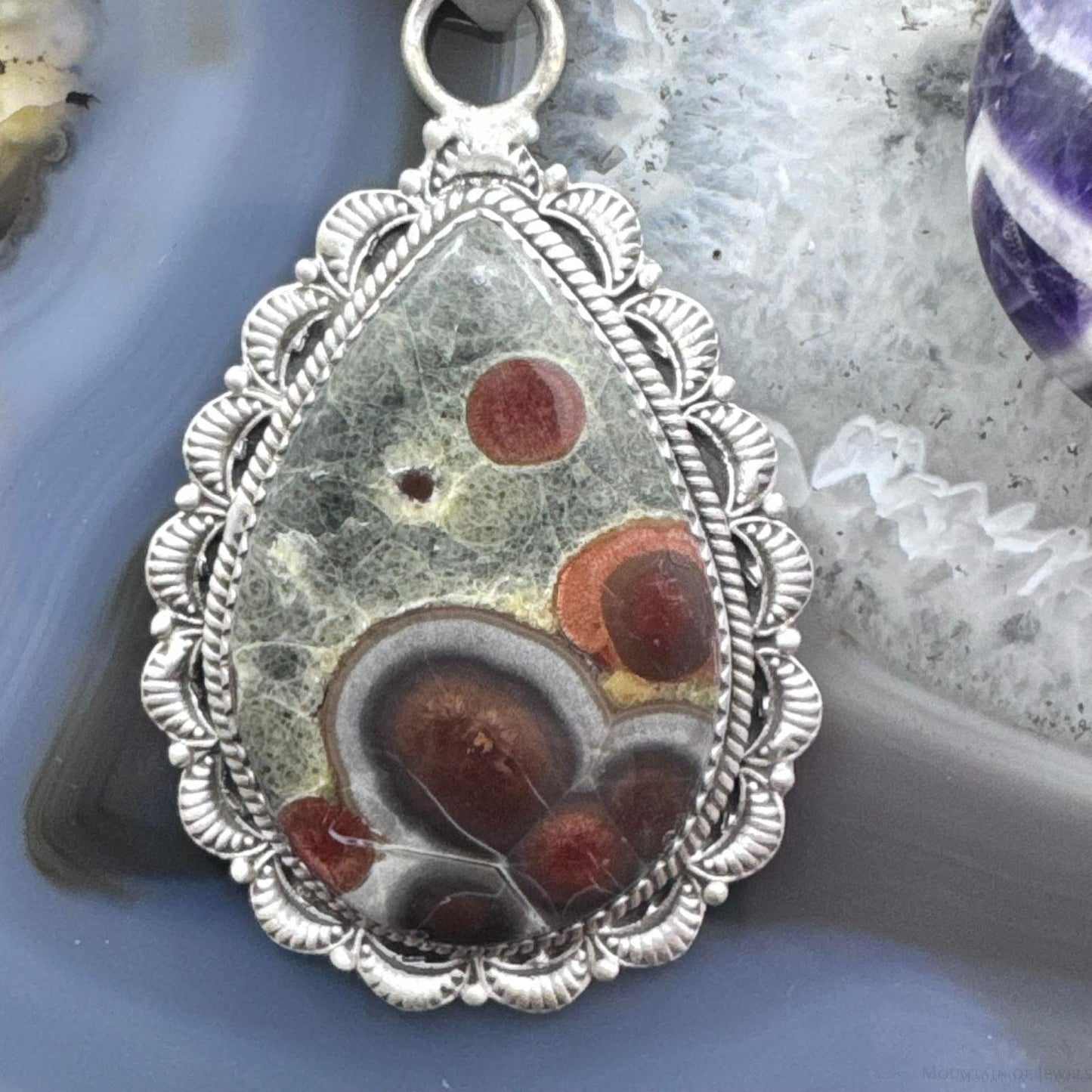 Sterling Silver Southwestern Style Teardrop Peanut Obsidian Decorated Pendant For Women