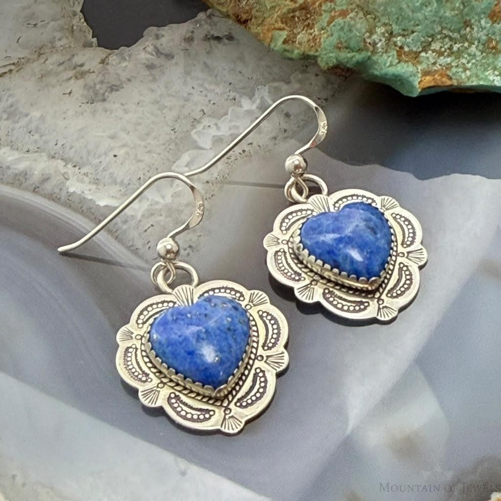 Vintage Signed Sterling Silver Denim Lapis Heart Dangle Earrings For Women