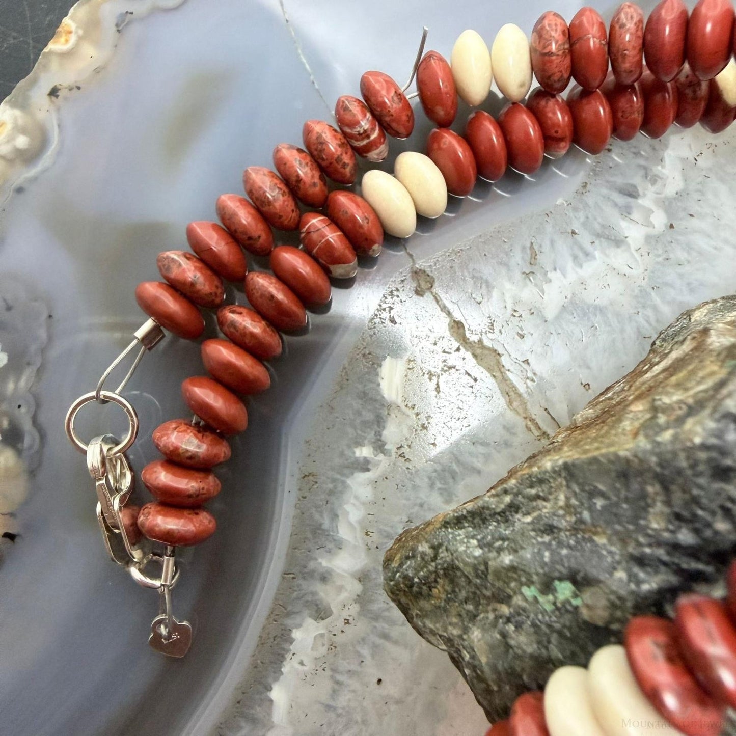 Sterling Silver Southwestern Style Red Jasper &Petrified Wood Beads Saucer 18" Necklace