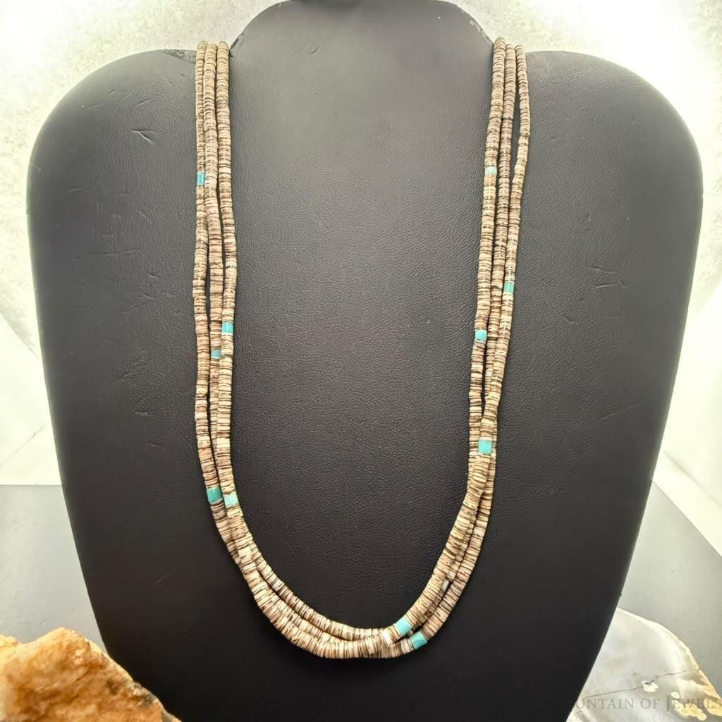 Vintage Native American 3 Strands Heishi Beads &Turquoise 30" Necklace For Women