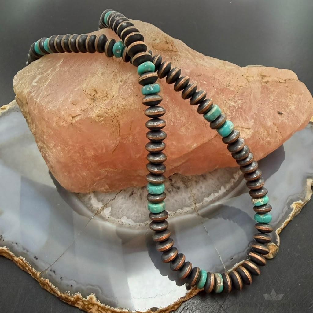 Southwestern Style Copper 7mm Navajo Pearl Saucer & Turquoise 18"-20" Necklace For Women