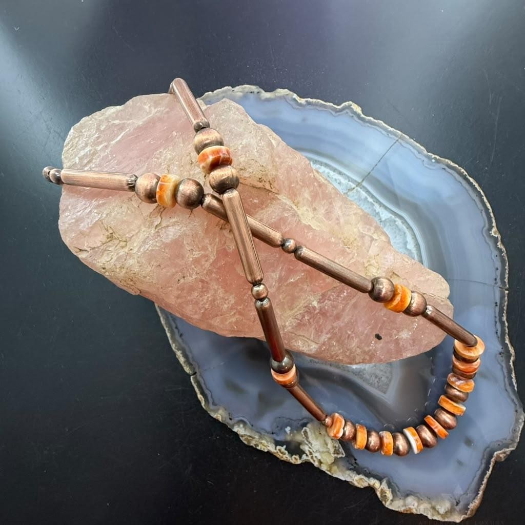 Copper Navajo Pearl Round & 25mm Cylinder w/Spiny Oyster Beads 20" Necklace For Women