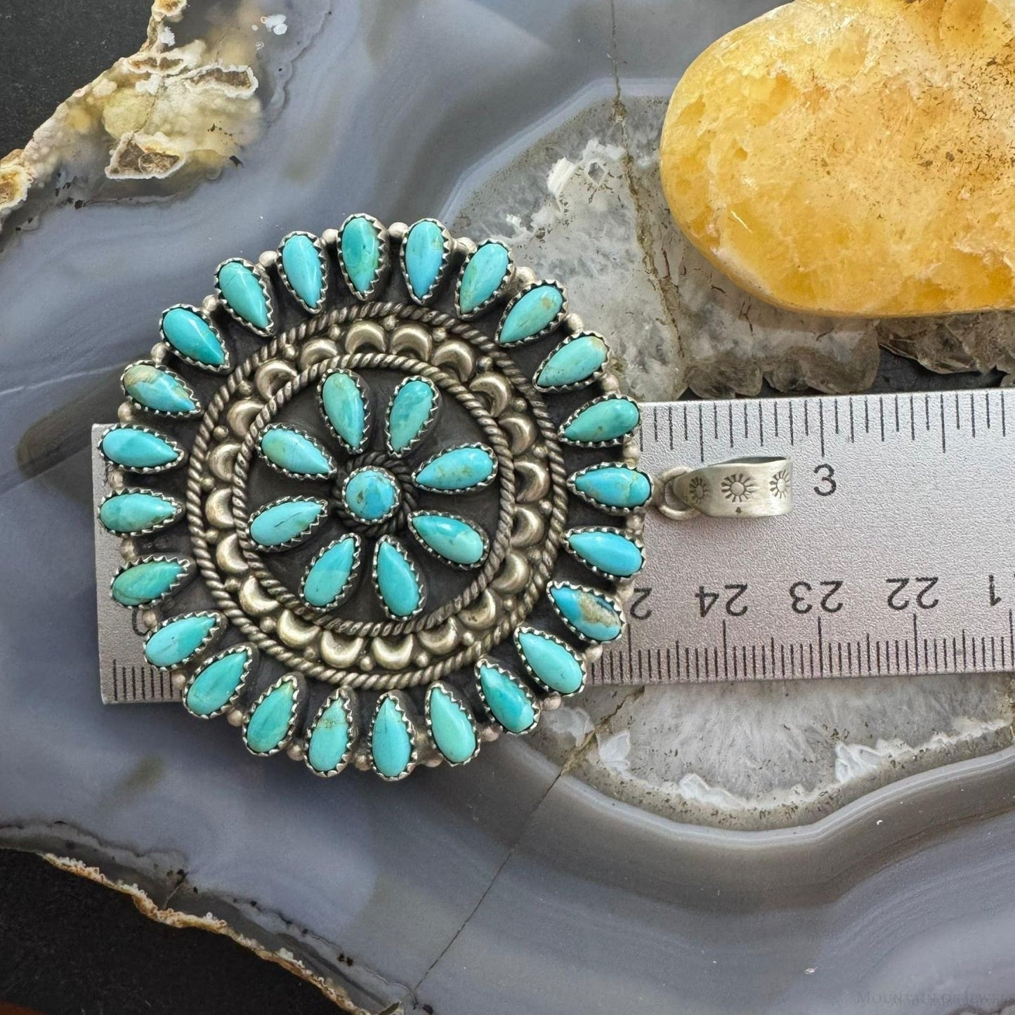 Southwestern Style Sterling Silver Turquoise Decorated Round Cluster Pendant For Women