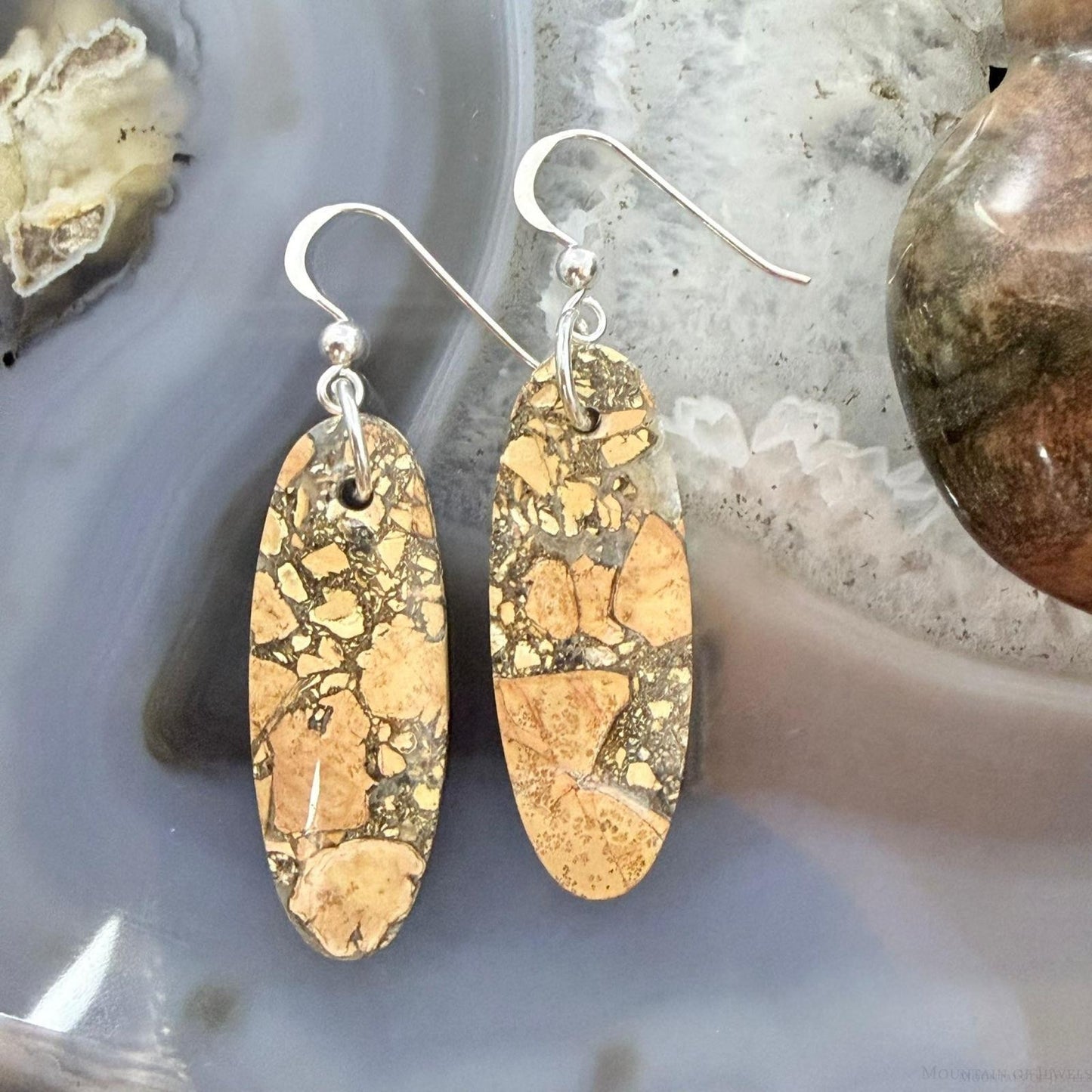 Sterling Silver Oval Maligano Jasper Slab Dangle Earrings For Women #505