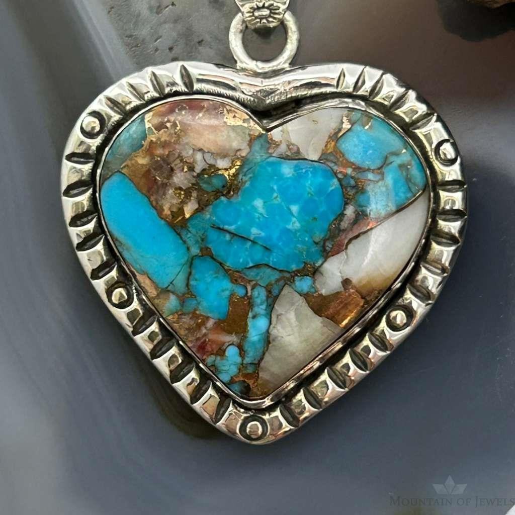 Sterling Southwestern Style Turquoise Spiny Oyster Heart Pendant For Women #1