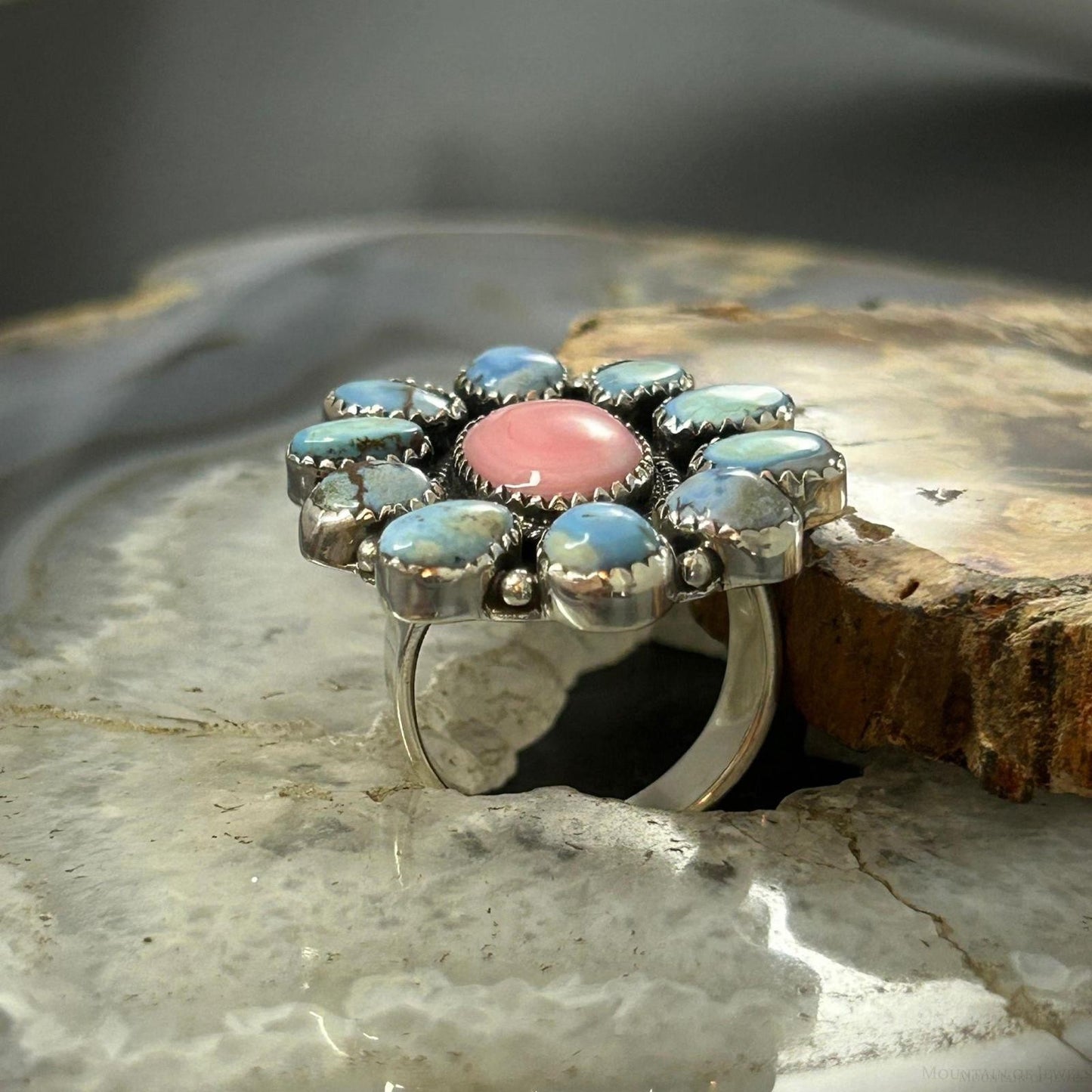 Sterling Silver Southwestern Style Pink Conch & Turquoise Adjustable Cluster Ring For Women