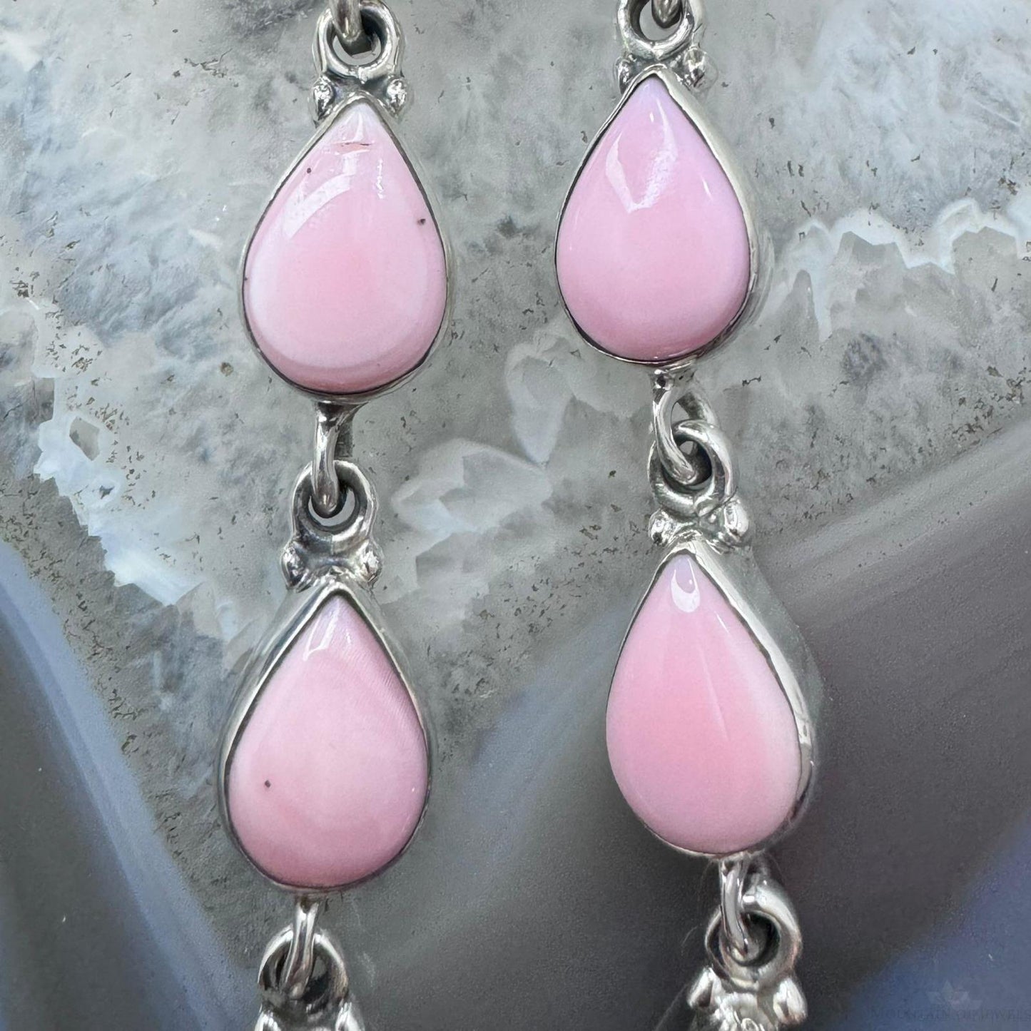 Native American Sterling Silver 4 Pink Conch Long Dangle Earrings For Women #1