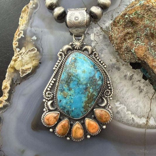 Sterling Silver Southwestern Style Turquoise & Spiny Oyster Pendant For Women