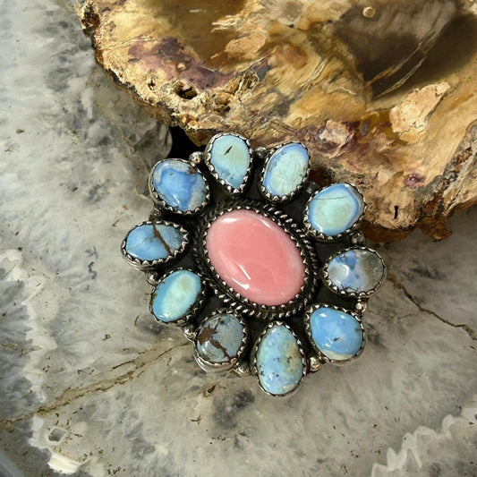 Sterling Silver Southwestern Style Pink Conch & Turquoise Adjustable Cluster Ring For Women